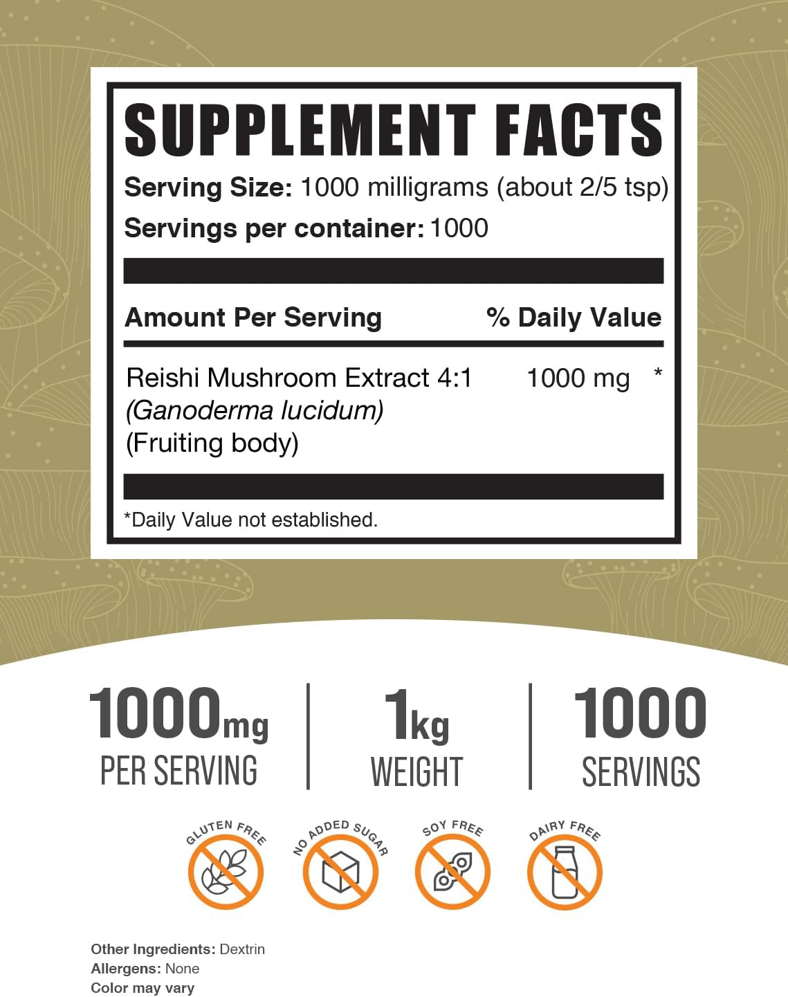 BulkSupplements.com Organic Reishi Mushroom Extract Powder - 1000mg per Serving, Gluten Free, 1kg - Ganoderma Lucidum Supplement