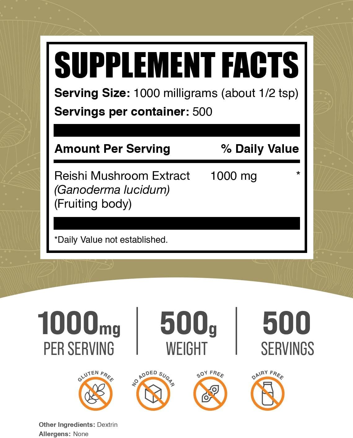 BulkSupplements.com Organic Reishi Mushroom Extract Powder - Ganoderma Lucidum Supplement, Gluten-Free, 1000mg per Serving, 500g (1.1 lbs) - Pack of 1