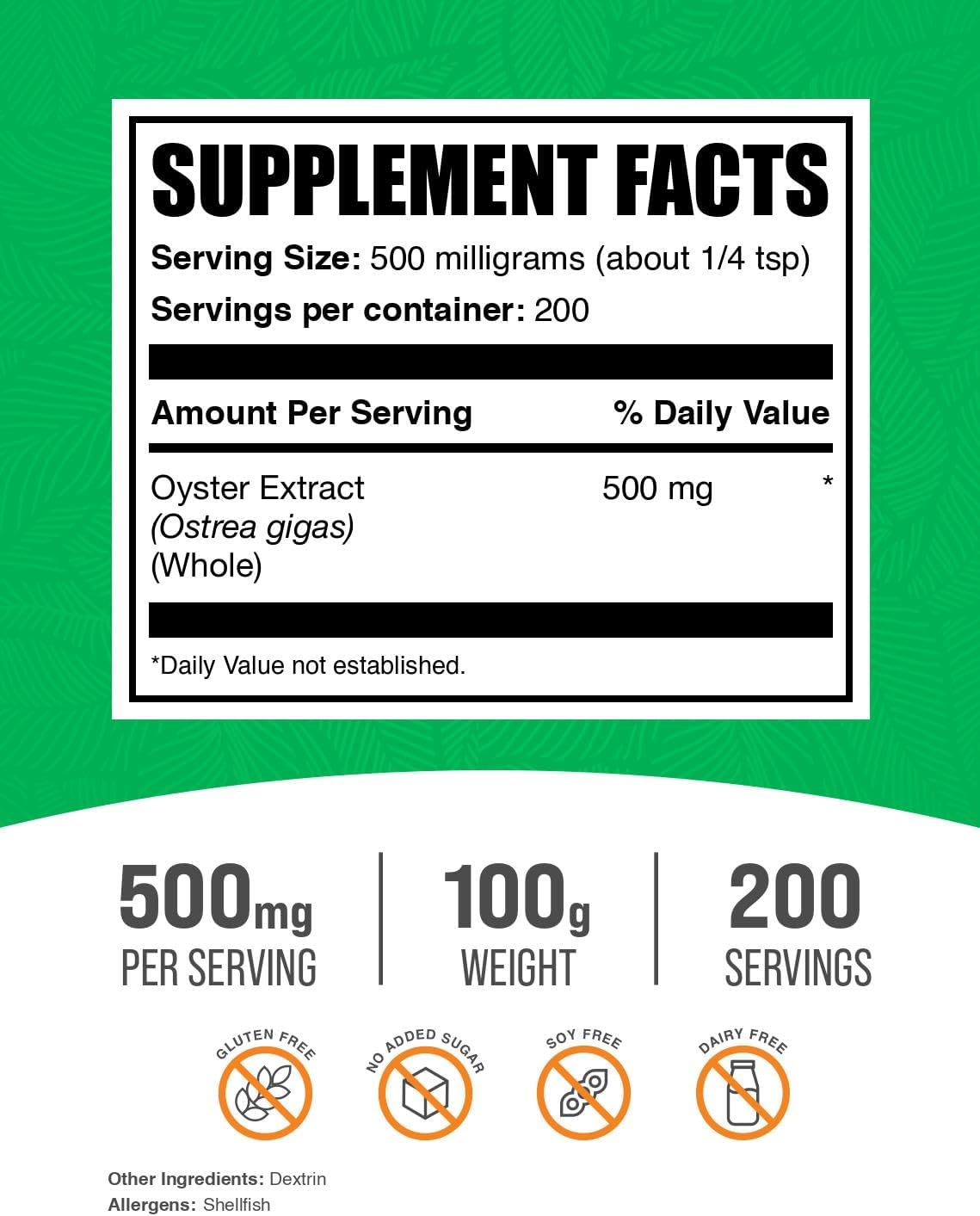 BulkSupplements.com Oyster Extract Powder - Whole Oyster Shell Supplement, Gluten-Free, 500mg per Serving, 100g (3.5 oz) (1 Pack)