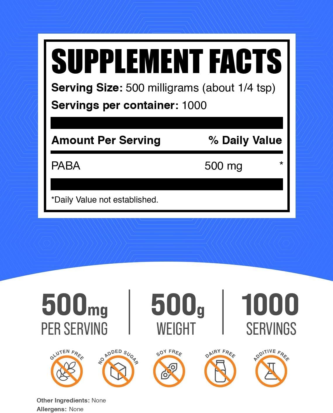 BulkSupplements.com PABA Powder - 500g (1.1 lbs) - Vegan & Gluten Free PABA Supplement - 500mg per Serving - Pure PABA for Better Wellness
