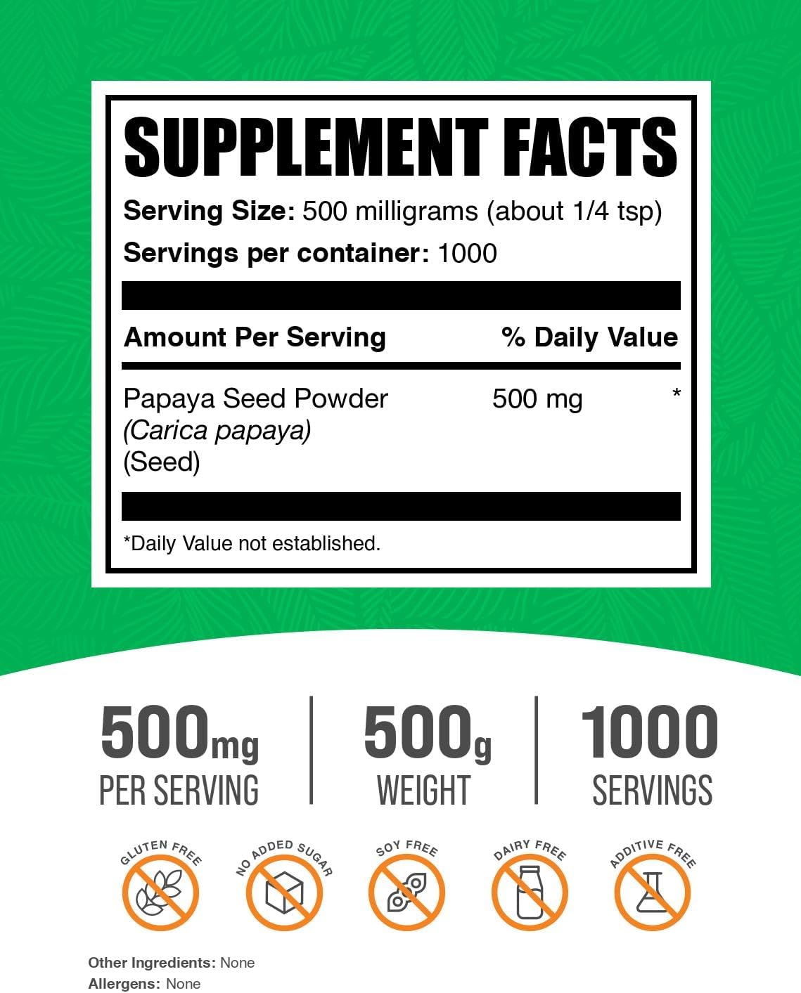 BulkSupplements.com Papaya Seed Powder - Carica Papaya Seeds Extract, Digestive Support, Gluten Free, 500mg per Serving, 500g (1.1 lbs)