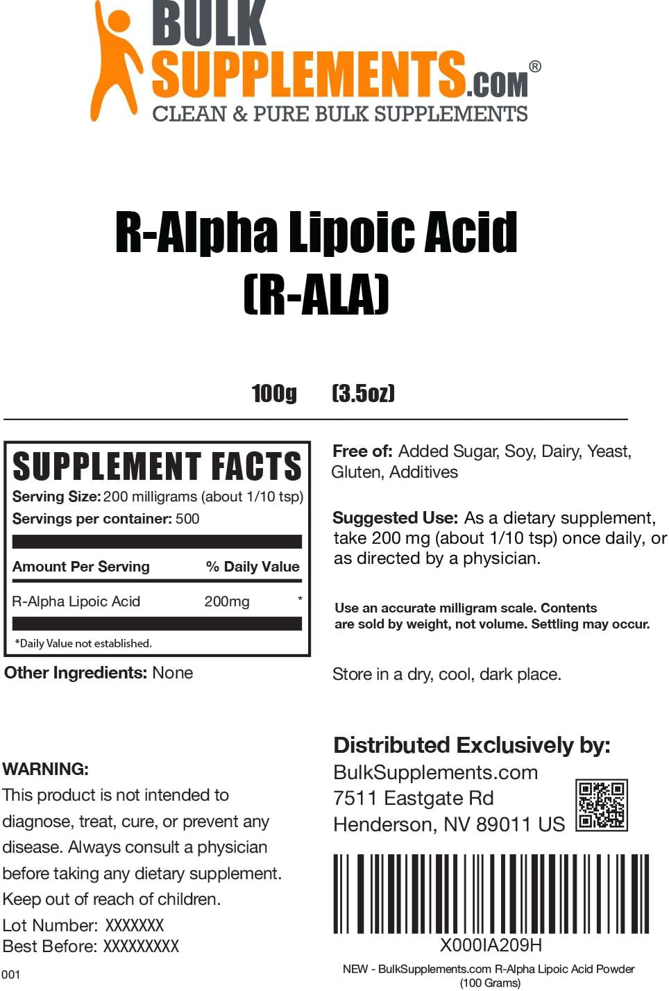 BulkSupplements.com R-Alpha Lipoic Acid Powder - 200mg per Serving - Antioxidant Supplement - Gluten Free - 100g (3.5 oz) Pack