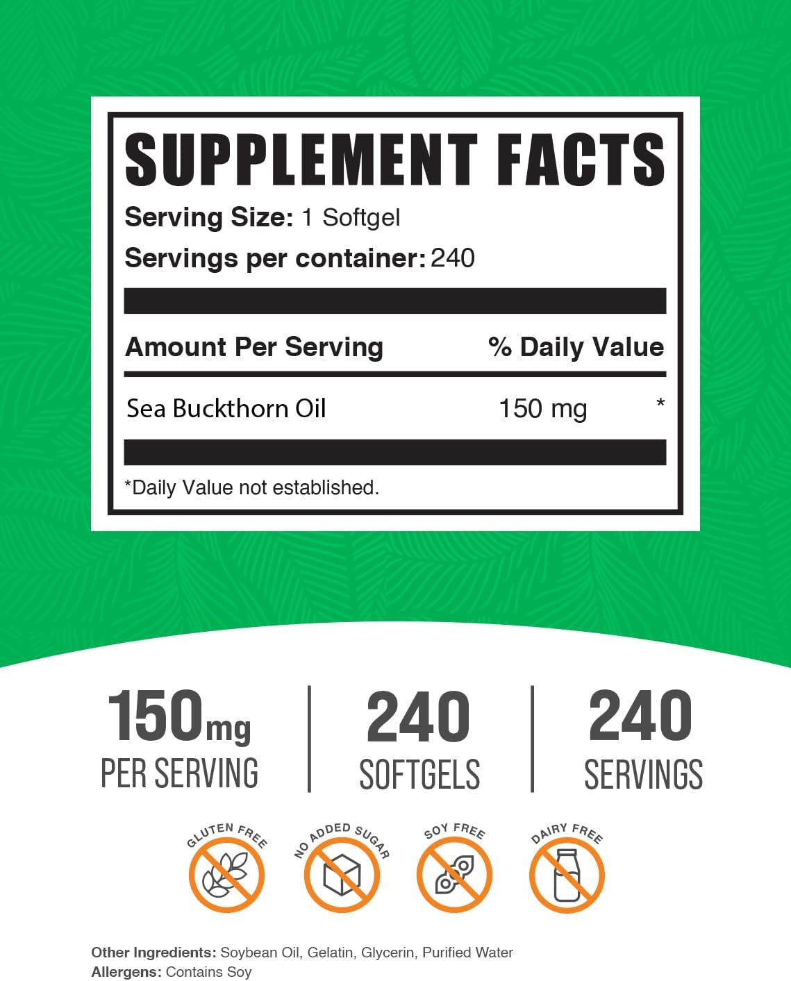 BulkSupplements.com Sea Buckthorn Oil Softgels - Omega 7 Herbal Supplement, Gluten Free - 240 Softgels, 150mg per Softgel