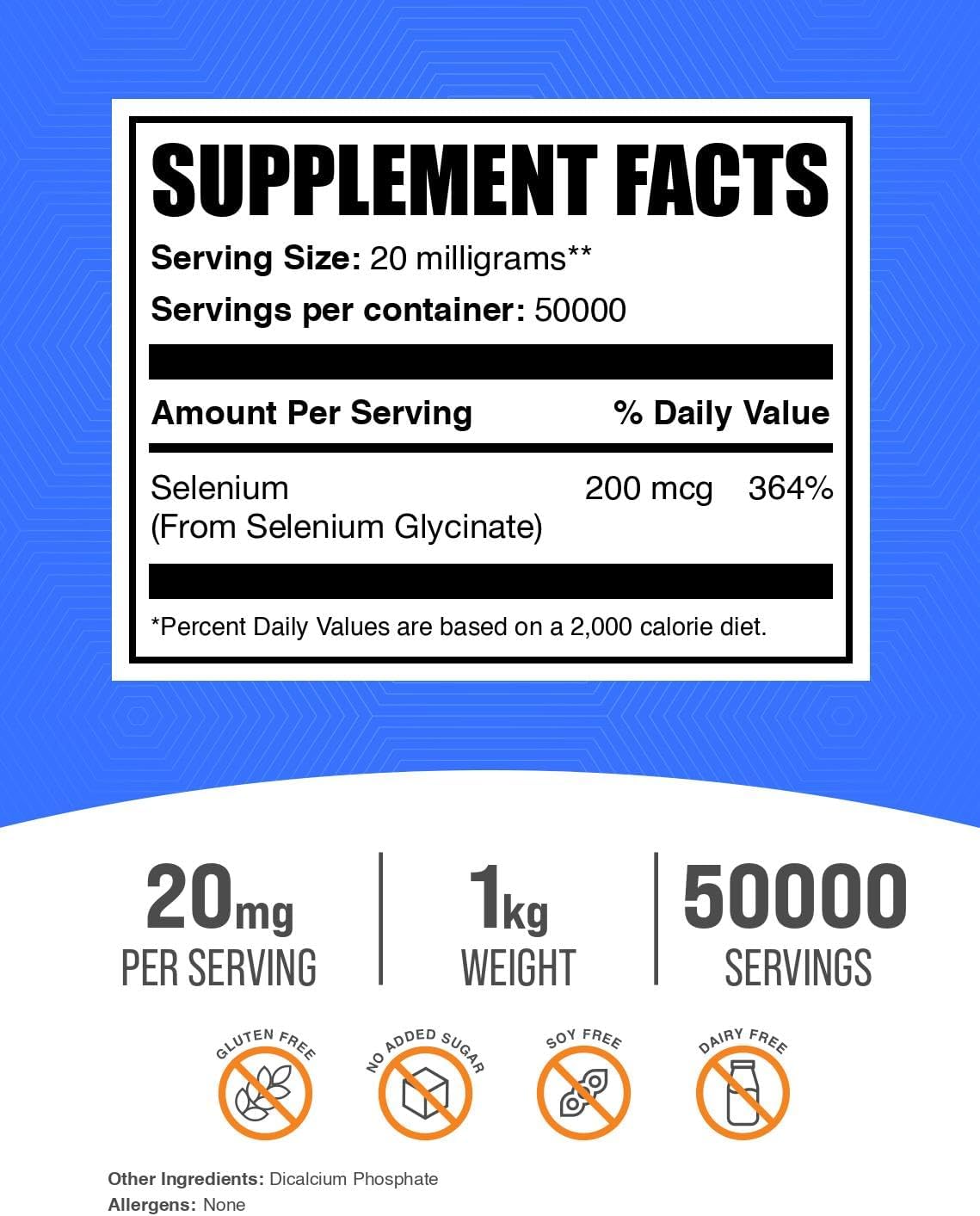 BulkSupplements.com Selenium Glycinate Powder - 200mcg Supplement, Gluten Free, 20mg per Serving, 1kg (2.2 lbs) Pack