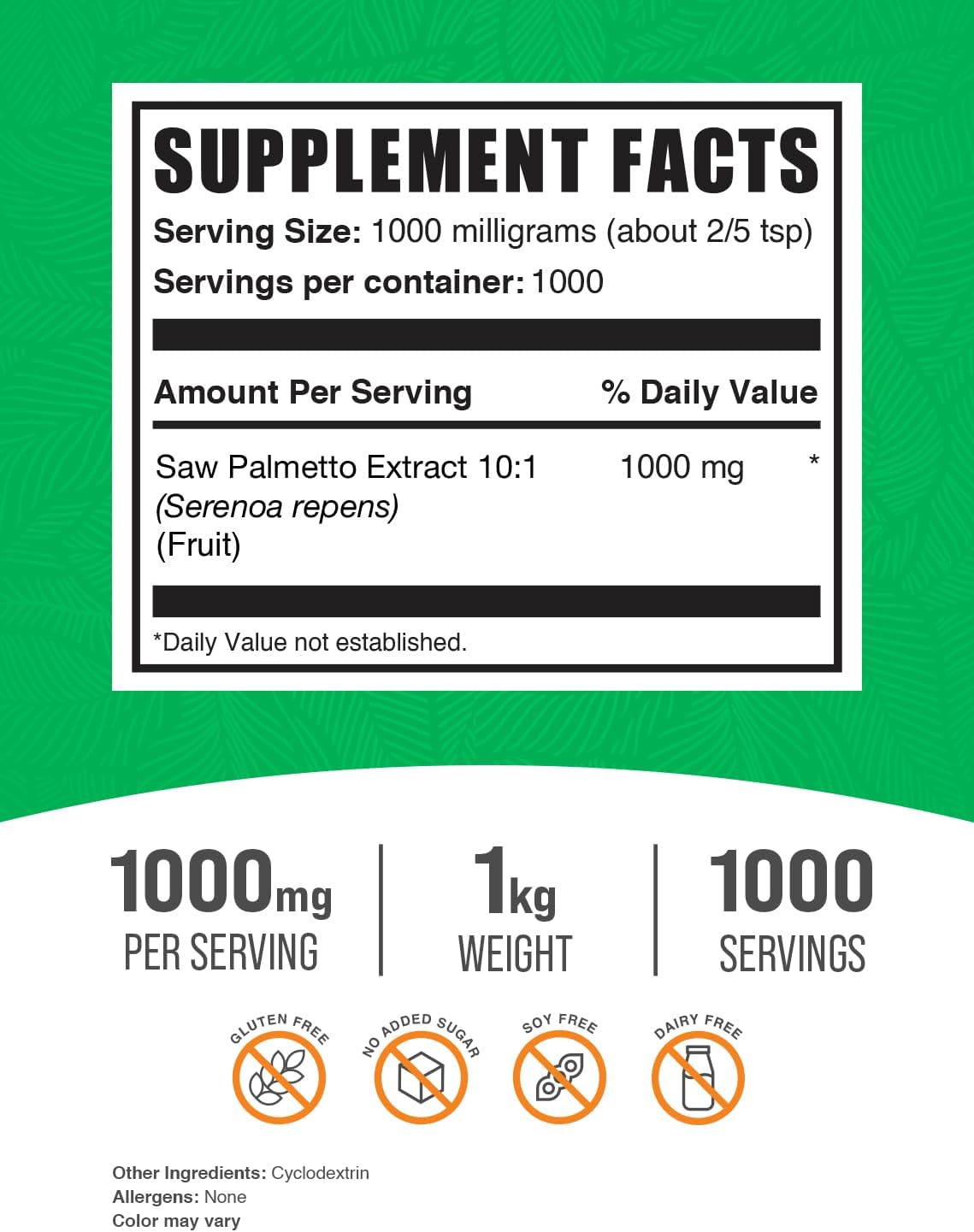 BulkSupplements.com Serenoa Repens Saw Palmetto Extract Powder - Vegan & Gluten Free Supplement, 1000mg per Serving, 1kg (2.2 lbs) Pack
