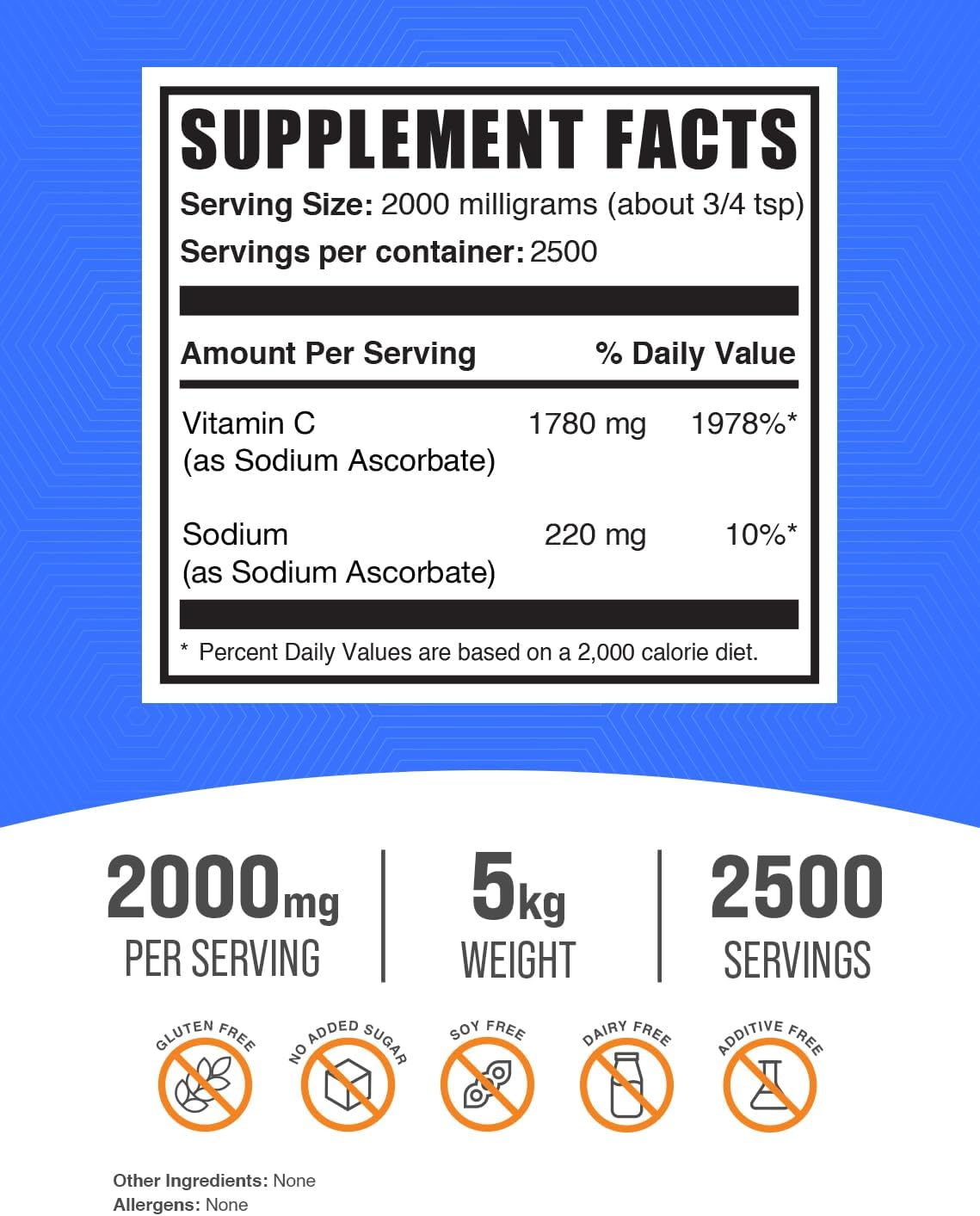 BulkSupplements.com Sodium Ascorbate Powder - Buffered Vitamin C for Immune Support, Gluten Free, 2000mg per Serving, 5kg (11 lbs) - Pack of 5