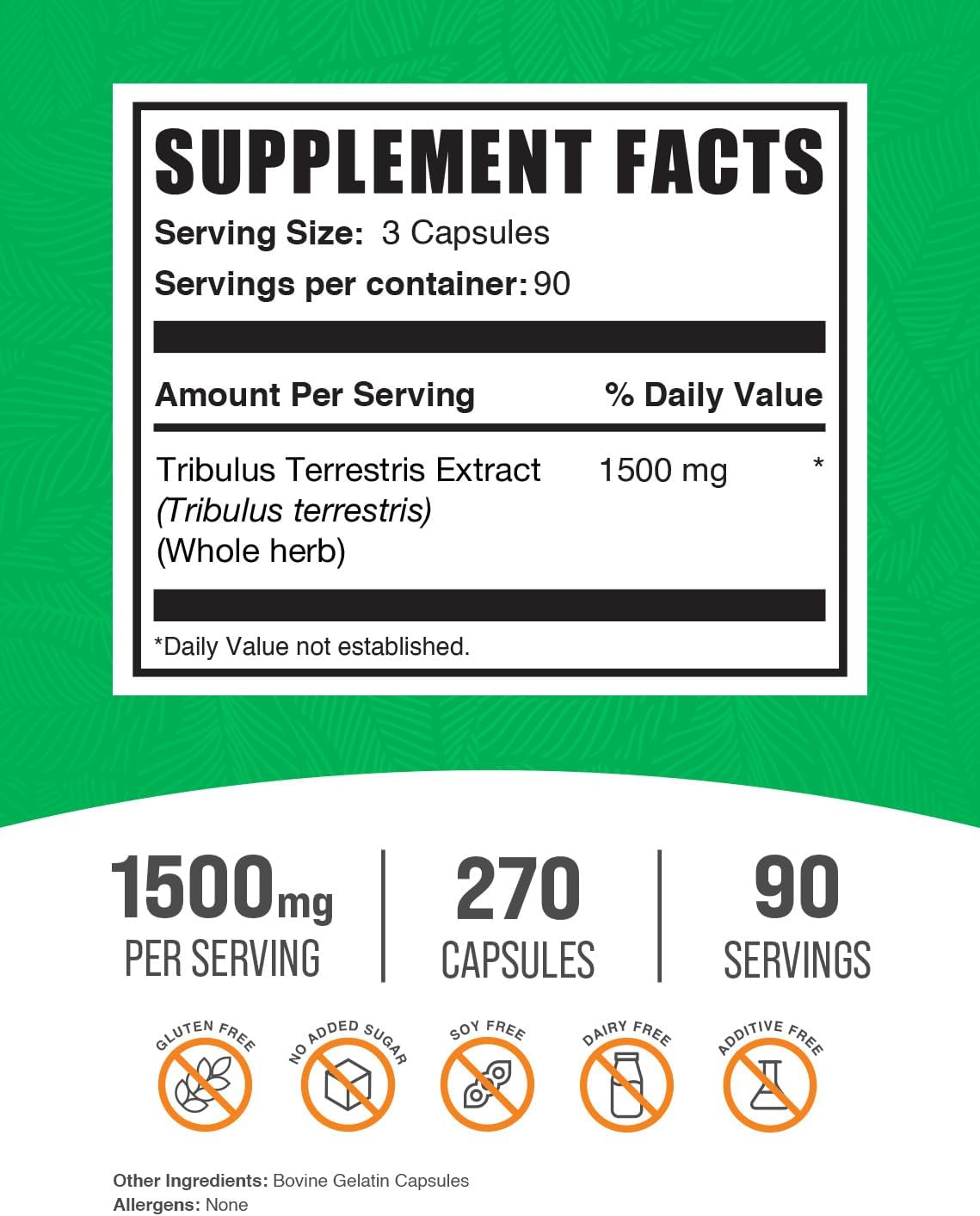BulkSupplements.com Tribulus Terrestris Capsules - 1500mg, Gluten Free - 270 Capsules for Men & Women