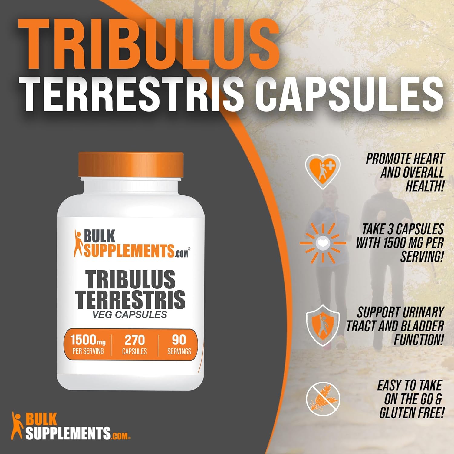 BulkSupplements.com Tribulus Terrestris Capsules - 1500mg, Gluten Free - 270 Capsules for Men & Women