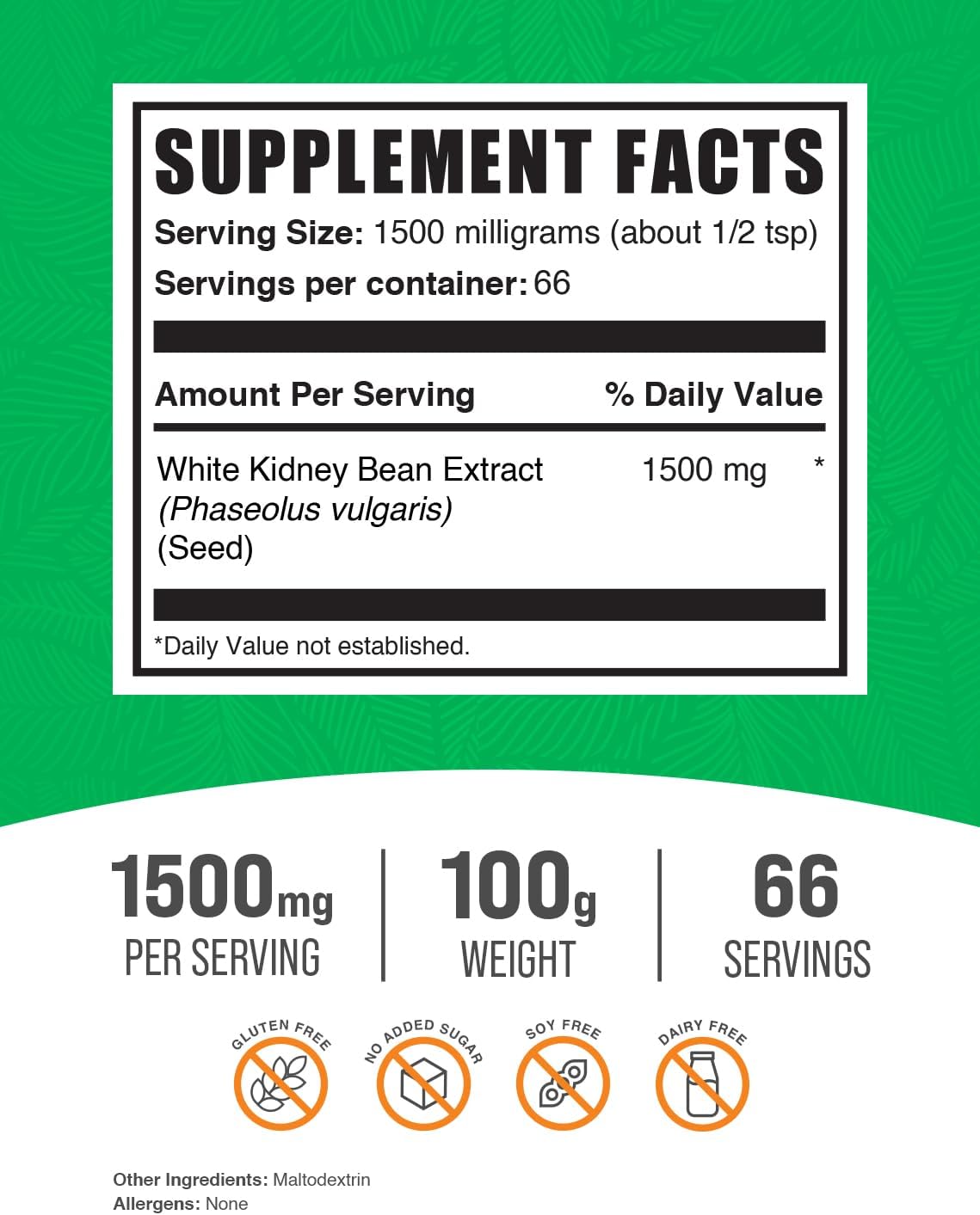BulkSupplements.com White Kidney Bean Extract Powder - Gluten Free Herbal Supplement, 100g (3.5 oz) - 1500mg per Serving - Pack of 1