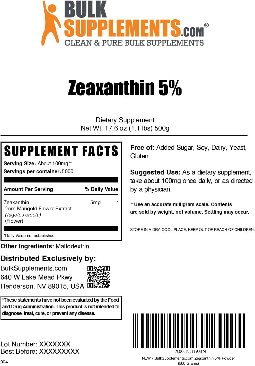 BulkSupplements.com Zeaxanthin Powder - Marigold Flower Extract, Gluten Free, 100mg (5mg Zeaxanthin) - 500g (1.1 lbs) Pack
