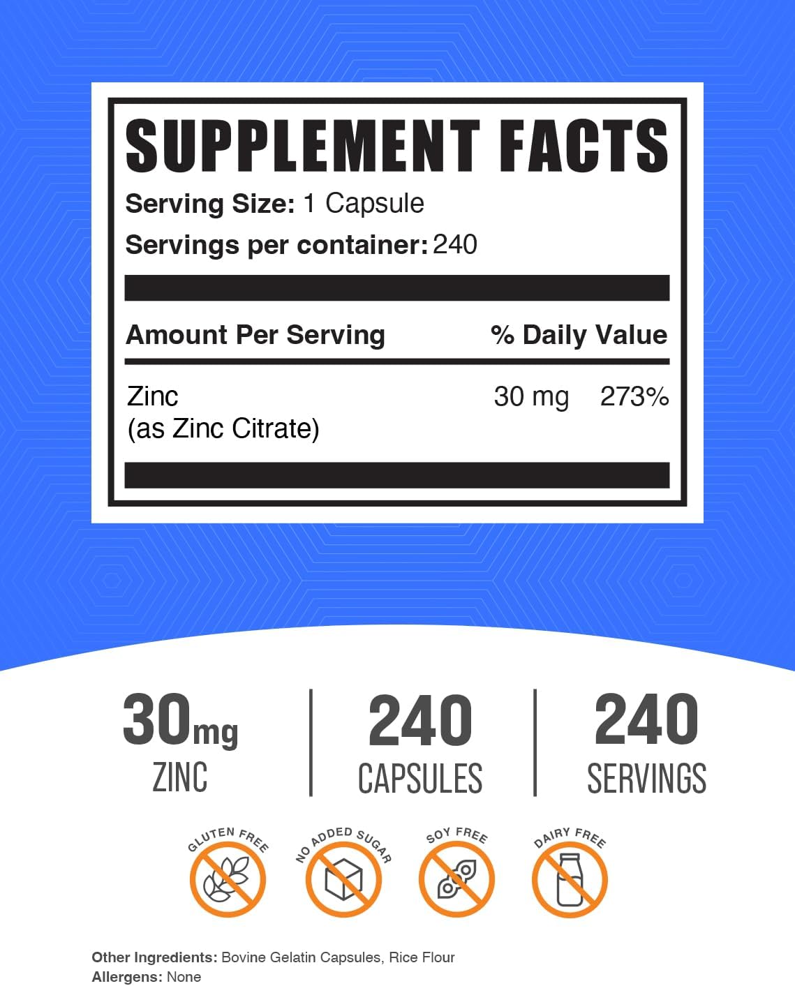 BulkSupplements.com Zinc Citrate Capsules - 30mg Zinc Supplements for Immune Support - Gluten Free, 240 Capsules