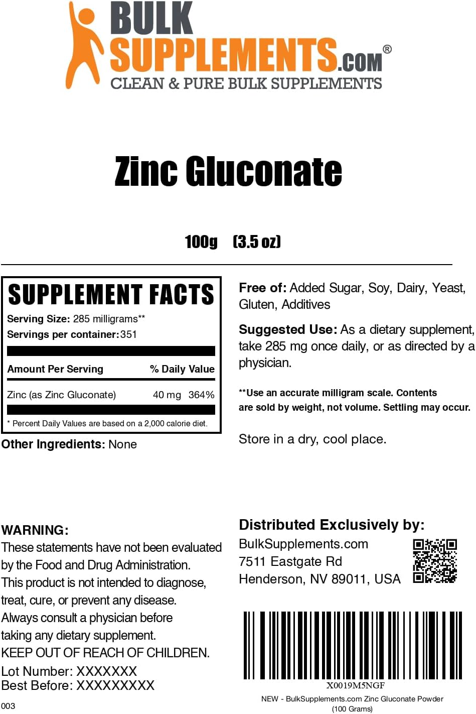 BulkSupplements.com Zinc Gluconate Powder - 100g (3.5 oz) - Immune Support Supplement with 40mg Zinc per Serving - Gluten Free - 1 Pack