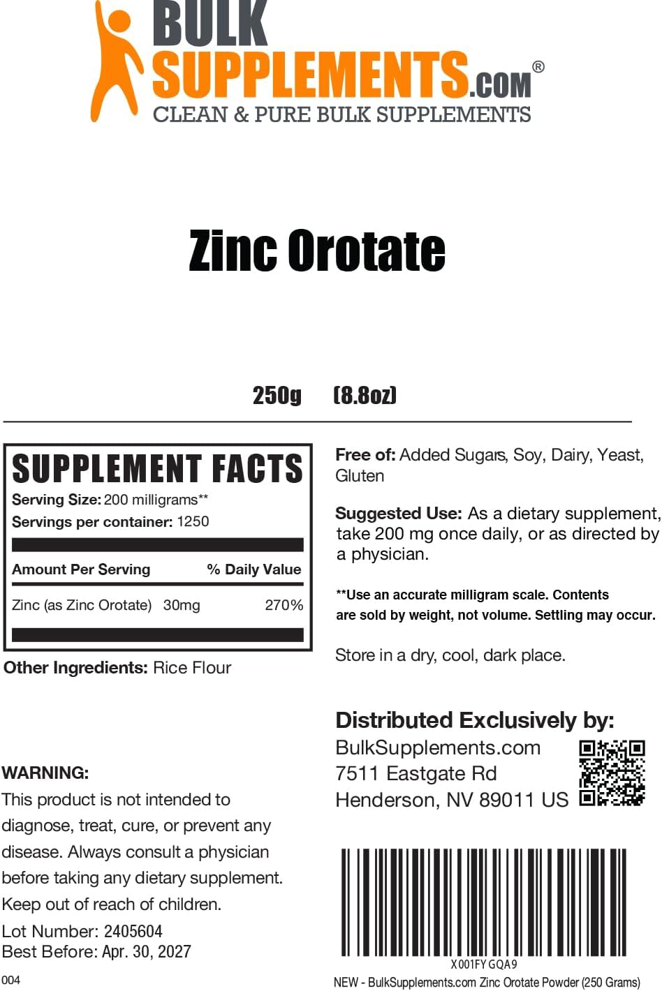 BulkSupplements.com Zinc Orotate Powder - 30mg Zinc Minerals Supplement for Immune Support - Gluten Free, 250g (8.8 oz) Pack of 1