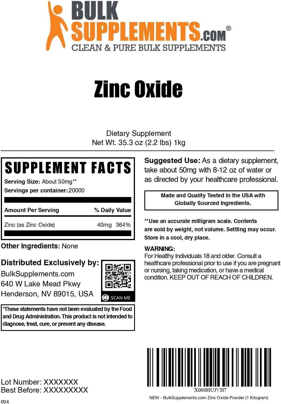 BulkSupplements.com Zinc Oxide Powder - Immune Support Supplement, 40mg Zinc per Serving, Gluten Free, 1kg (2.2 lbs) Pack of 1