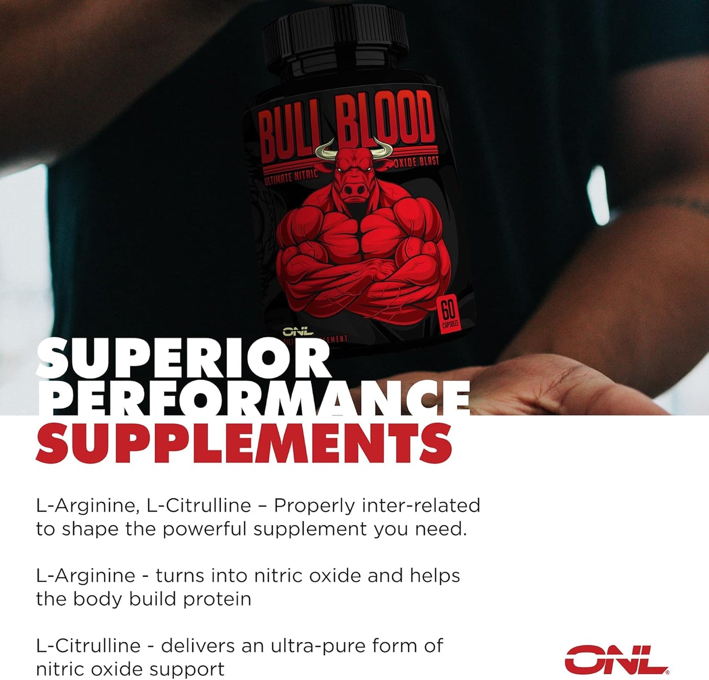 Bull Blood Nitric Oxide Supplement for Men - L Arginine Pills - Pre Workout Enhancer - Enhance Male Strength & Energy - 60 Count