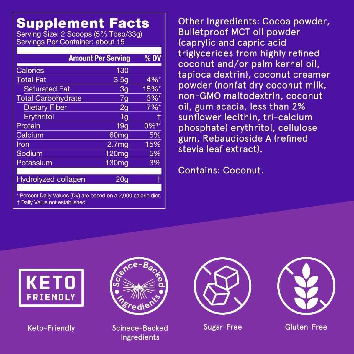 Bulletproof Chocolate Collagen Protein Powder with MCT Oil - 19g Protein, 17.6 Oz - Supports Healthy Skin, Bones, and Joints with Collagen Peptides and Amino Acids