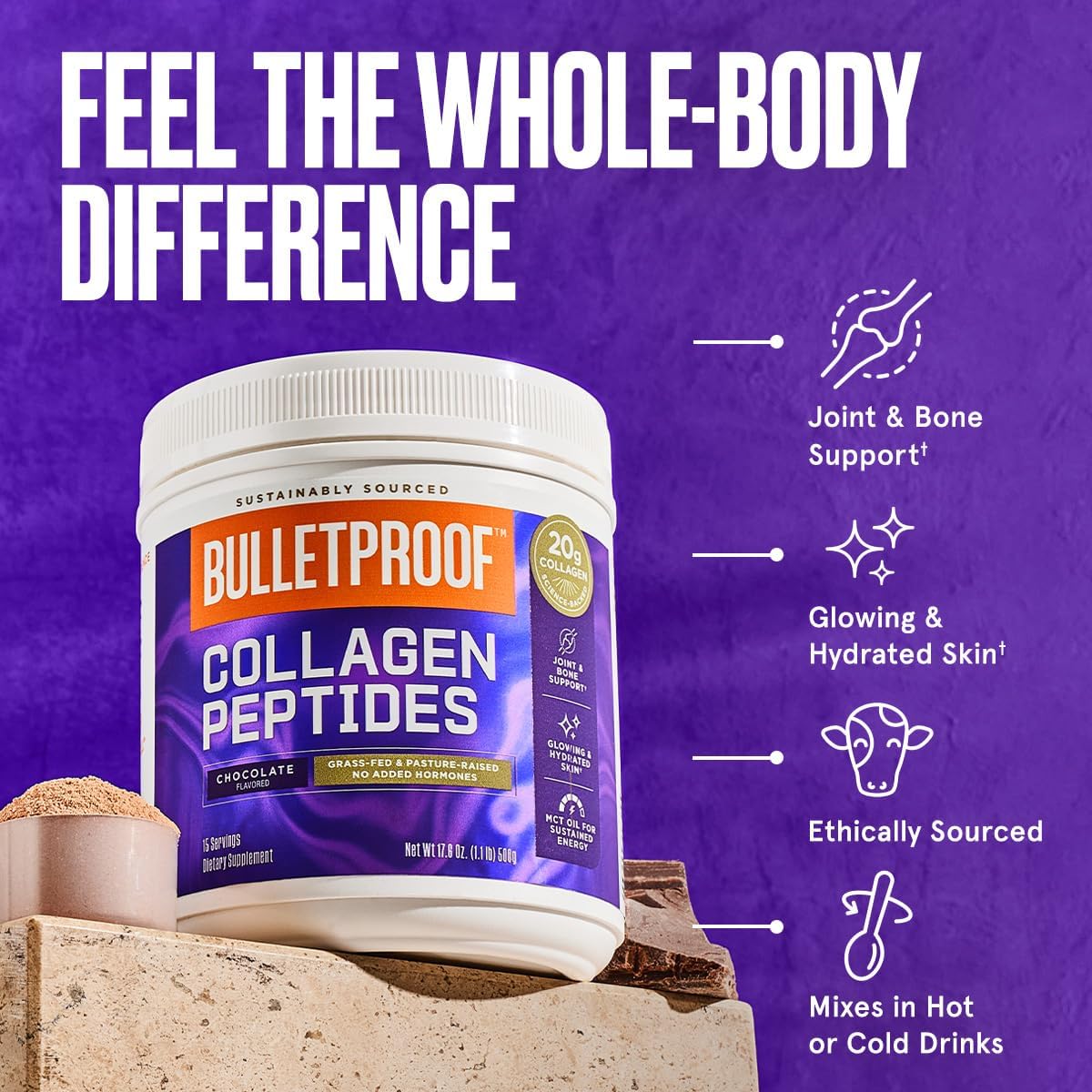 Bulletproof Chocolate Collagen Protein Powder with MCT Oil - 19g Protein, 17.6 Oz - Supports Healthy Skin, Bones, and Joints with Collagen Peptides and Amino Acids