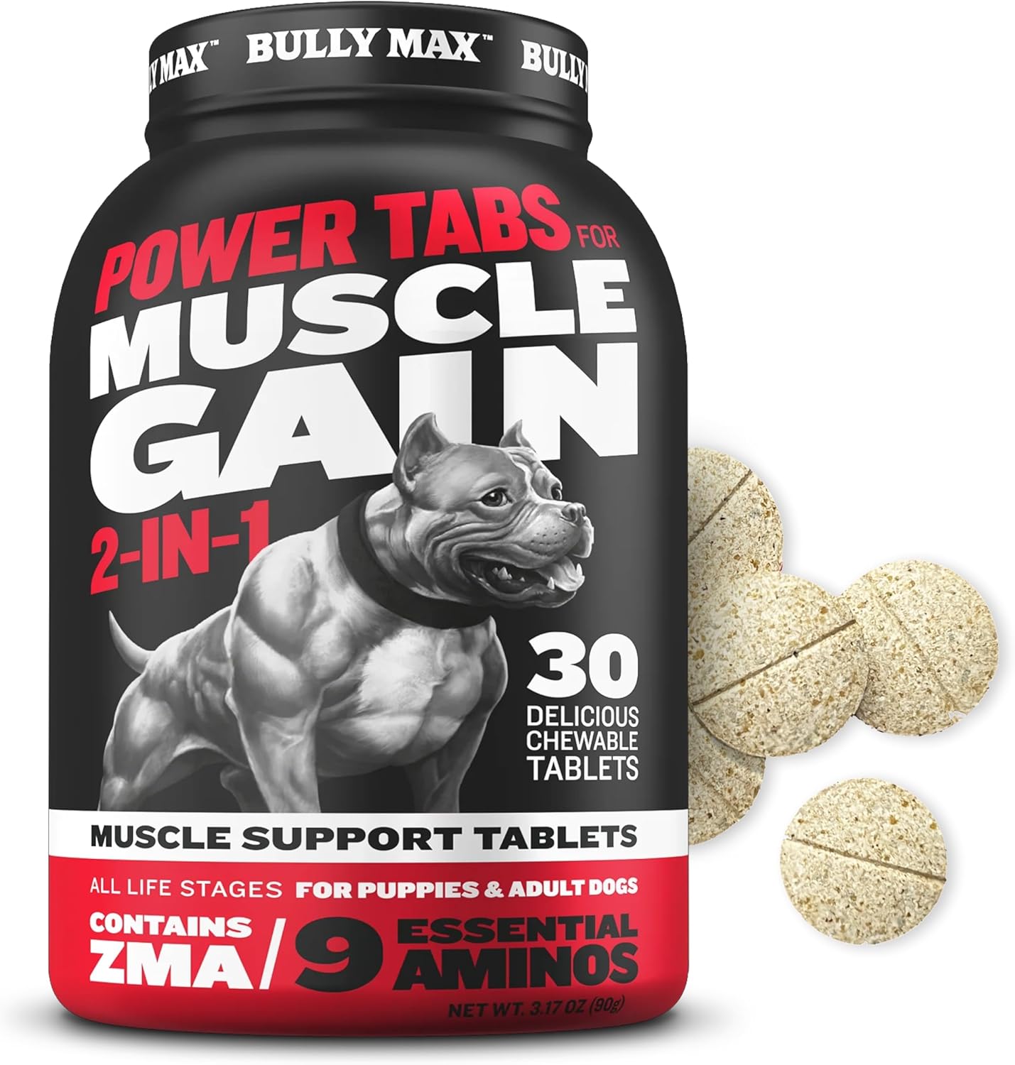 Bully Max 2-in-1 Muscle Builder Power Tabs for Puppies & Adult Dogs - Multivitamin Supplements for Muscle Gain & Growth - 30 Chewable Tablets