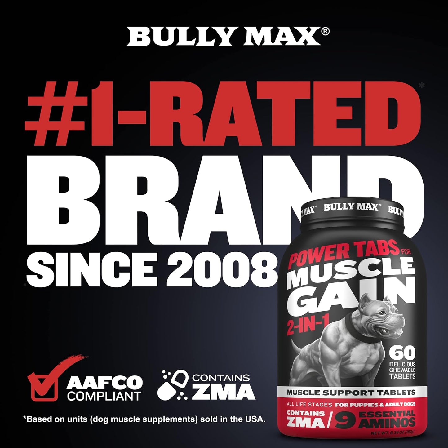 Bully Max 2-in-1 Muscle Builder Power Tabs for Puppies & Adult Dogs - Multivitamin Supplements for Muscle Gain & Growth - 30 Chewable Tablets