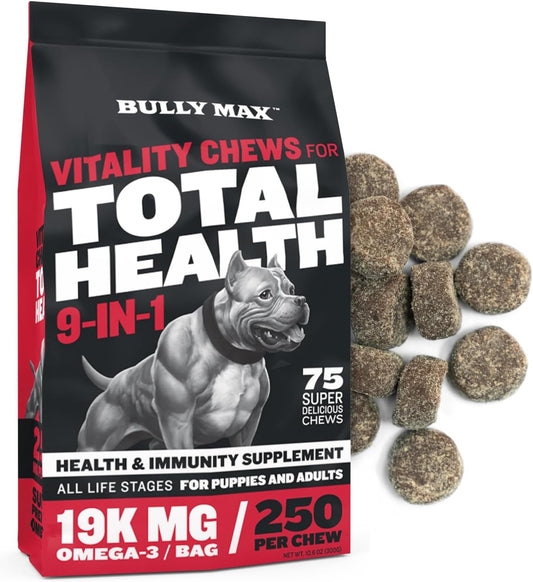Bully Max 9-in-1 Total Health Dog Chews - Multivitamin Treats for All Breeds - Omega 3 Vitamin Supplements - 75 Soft Chews