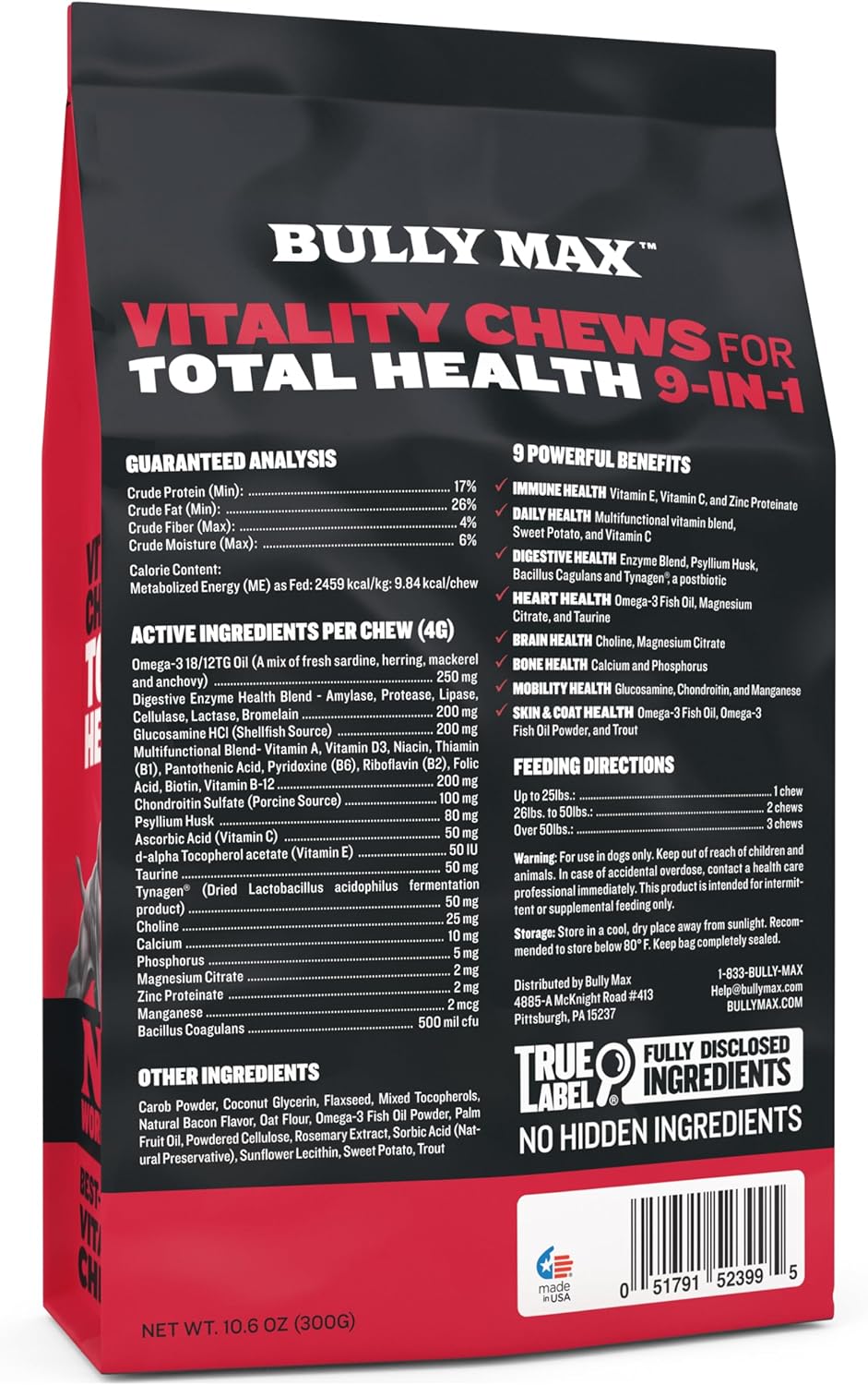 Bully Max 9-in-1 Total Health Dog Chews - Multivitamin Treats for All Breeds - Omega 3 Vitamin Supplements - 75 Soft Chews