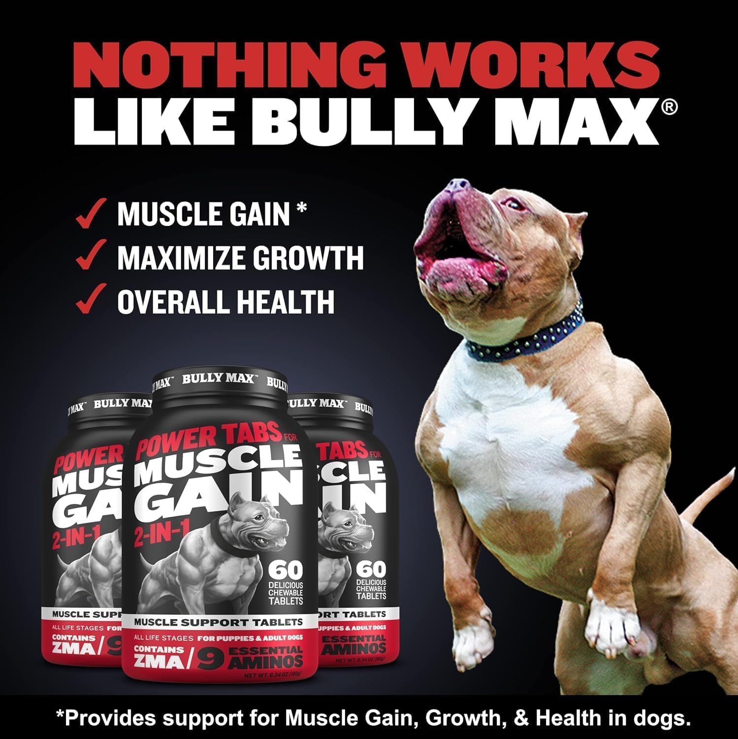 Bully Max Muscle Builder Chewable Tablets for Dogs - Canine Vitamins for Muscle Growth - 2-in-1 Multivitamin for All Breeds - 60 Tabs