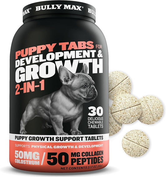 Bully Max Puppy Vitamins - 2-in-1 Chewable Tablets for Puppies - Growth & Development Supplements for Small & Large Breed Dogs - 30 Count