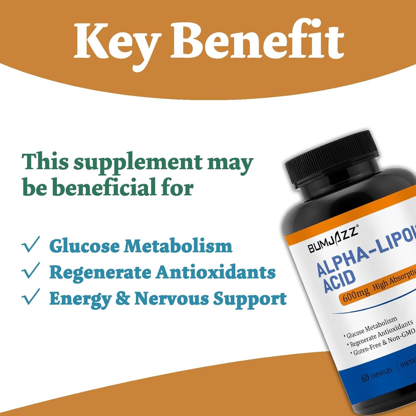 Bumjazz Alpha Lipoic Acid 600mg Capsules for Glucose Metabolism Support and Antioxidant Regeneration - Non-GMO, Gluten-Free, Soy-Free - 60 Count