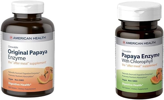 Bundle: American Health Papaya Digestive Enzyme Chewable Tablets - Original 600 Count + Chlorophyll 100 Count