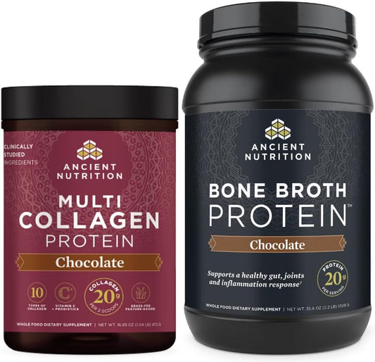 Bundle: Ancient Nutrition Chocolate Multi Collagen & Bone Broth Protein Powder, 40 Servings Each