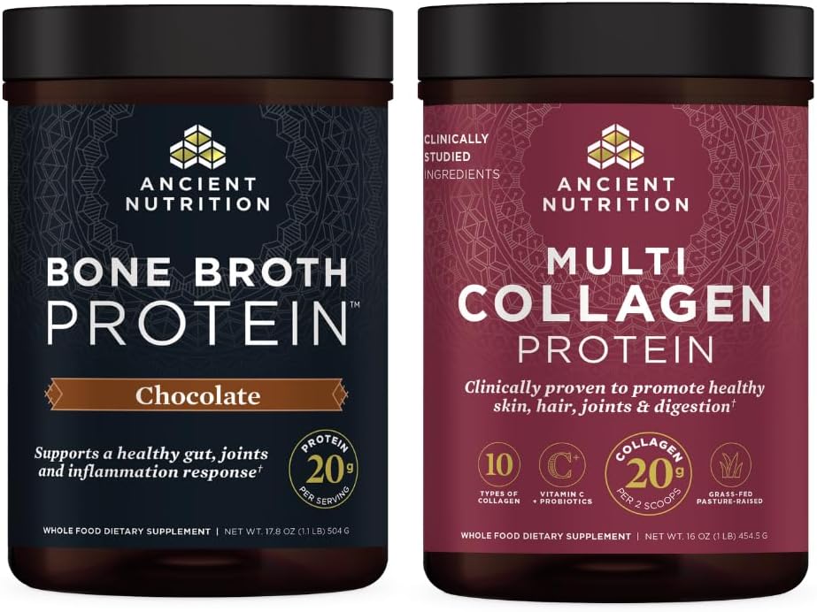 Bundle: Ancient Nutrition Multi Collagen Protein Powder (Unflavored, 45 Servings) + Bone Broth Protein Powder (Chocolate, 20 Servings)
