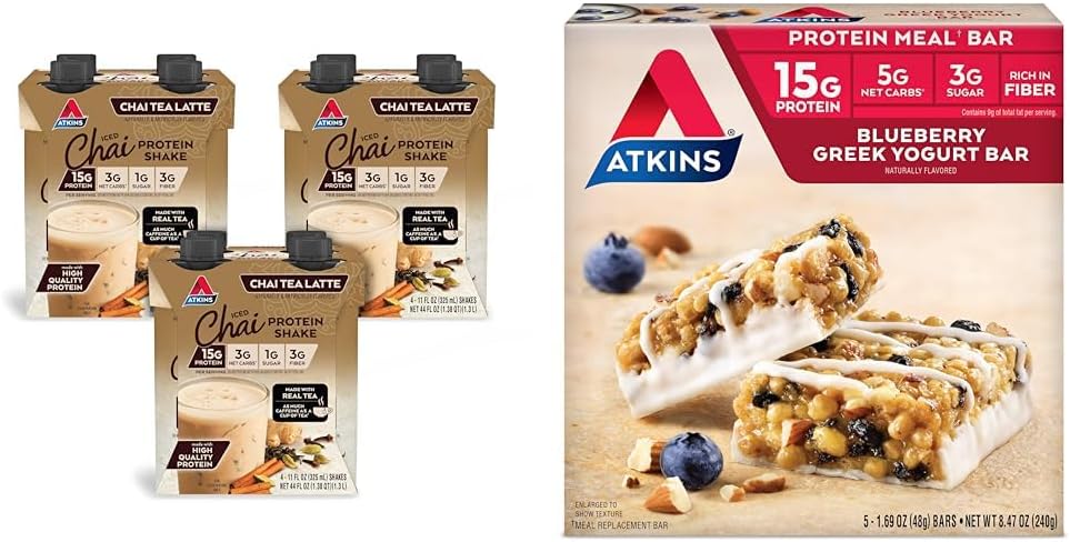 Bundle: Atkins Chai Tea Latte Protein Shake & Blueberry Greek Yogurt Protein Meal Bar - 15g Protein, Low Net Carbs & Sugar
