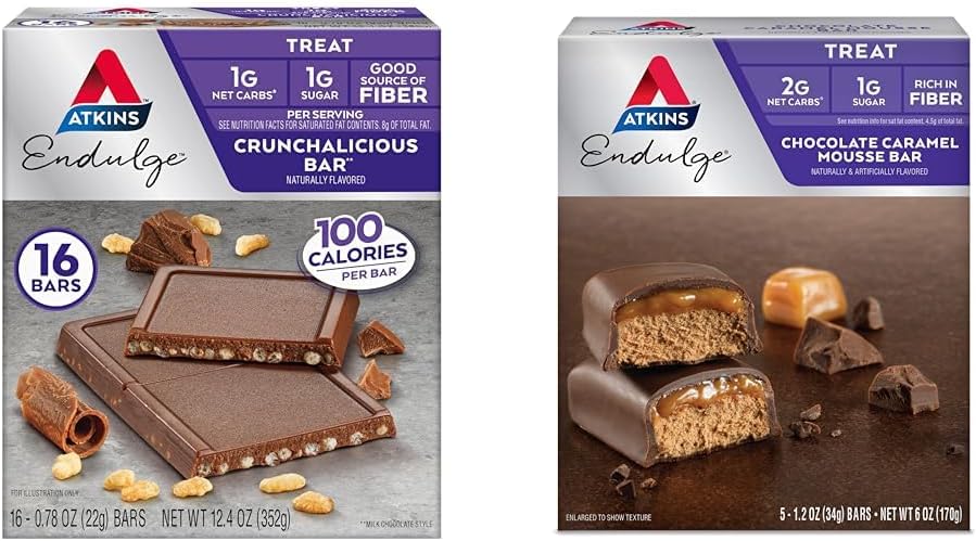 Bundle: Atkins Endulge Crunchalicious Chocolate Bar (16 ct) & Chocolate Caramel Mousse Bar (5 ct)