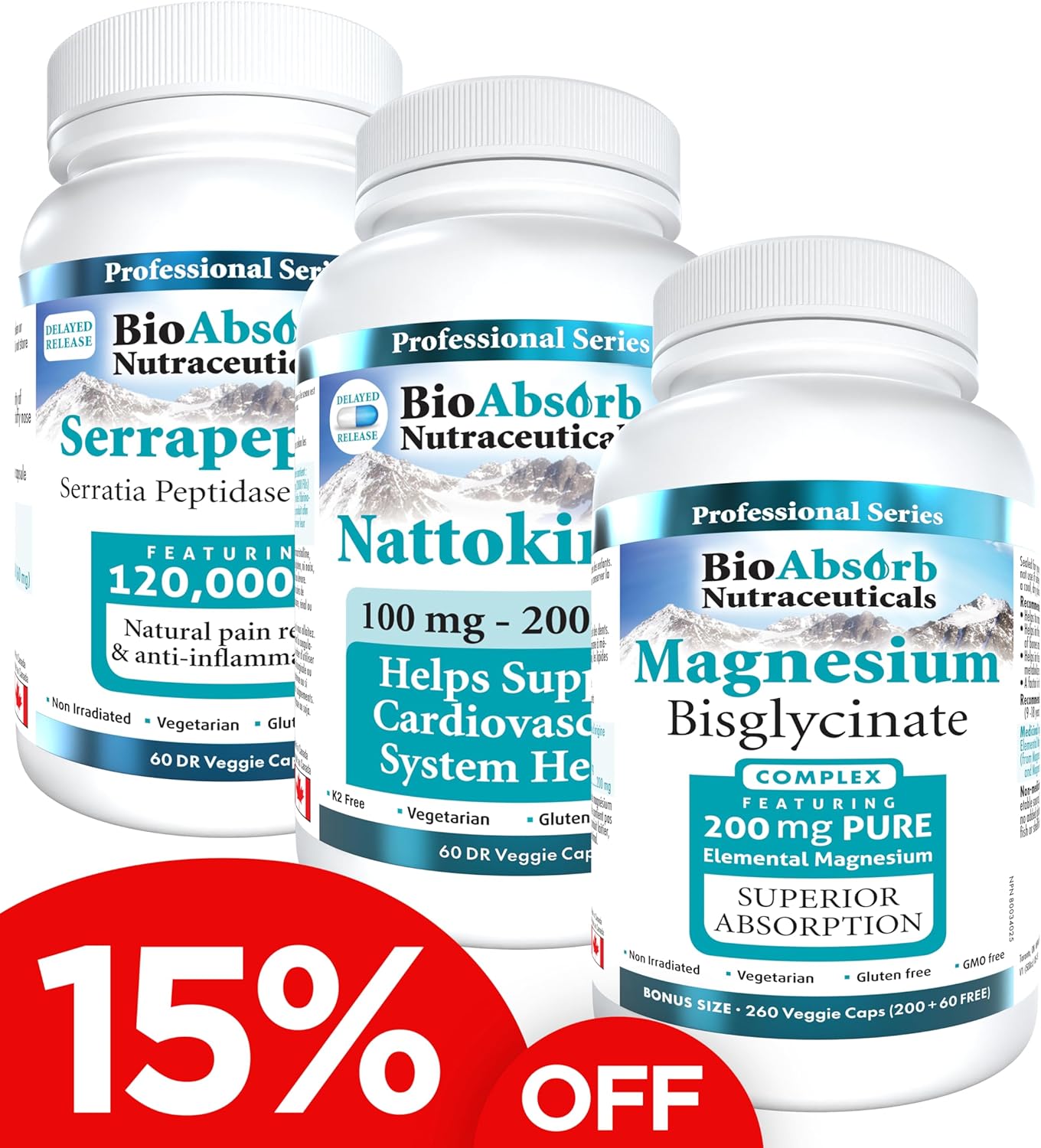 Bundle: Bio Absorb Serrapeptase, Nattokinase, and Magnesium Bisglycinate Nutraceuticals - 60 Caps Each