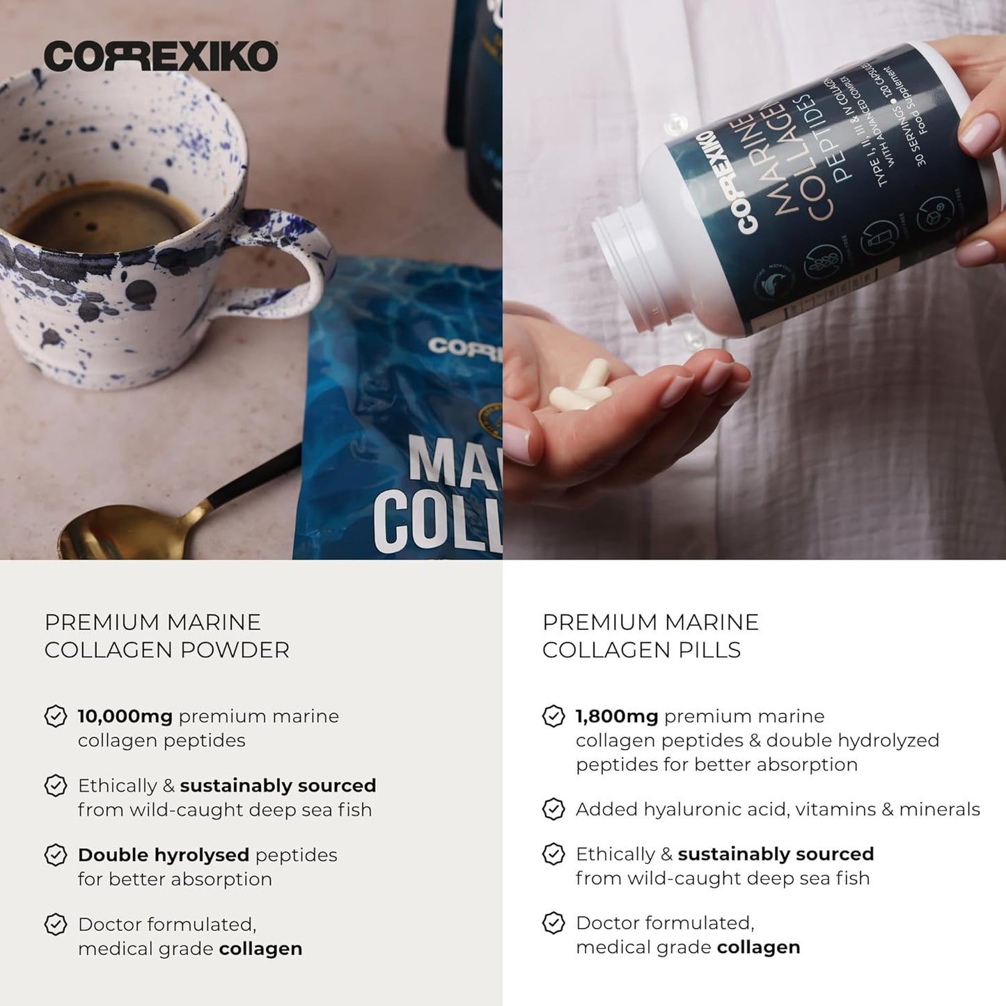 Bundle: CORREXIKO Marine Collagen Powder (15oz) & Capsules - 2X Strength Formula