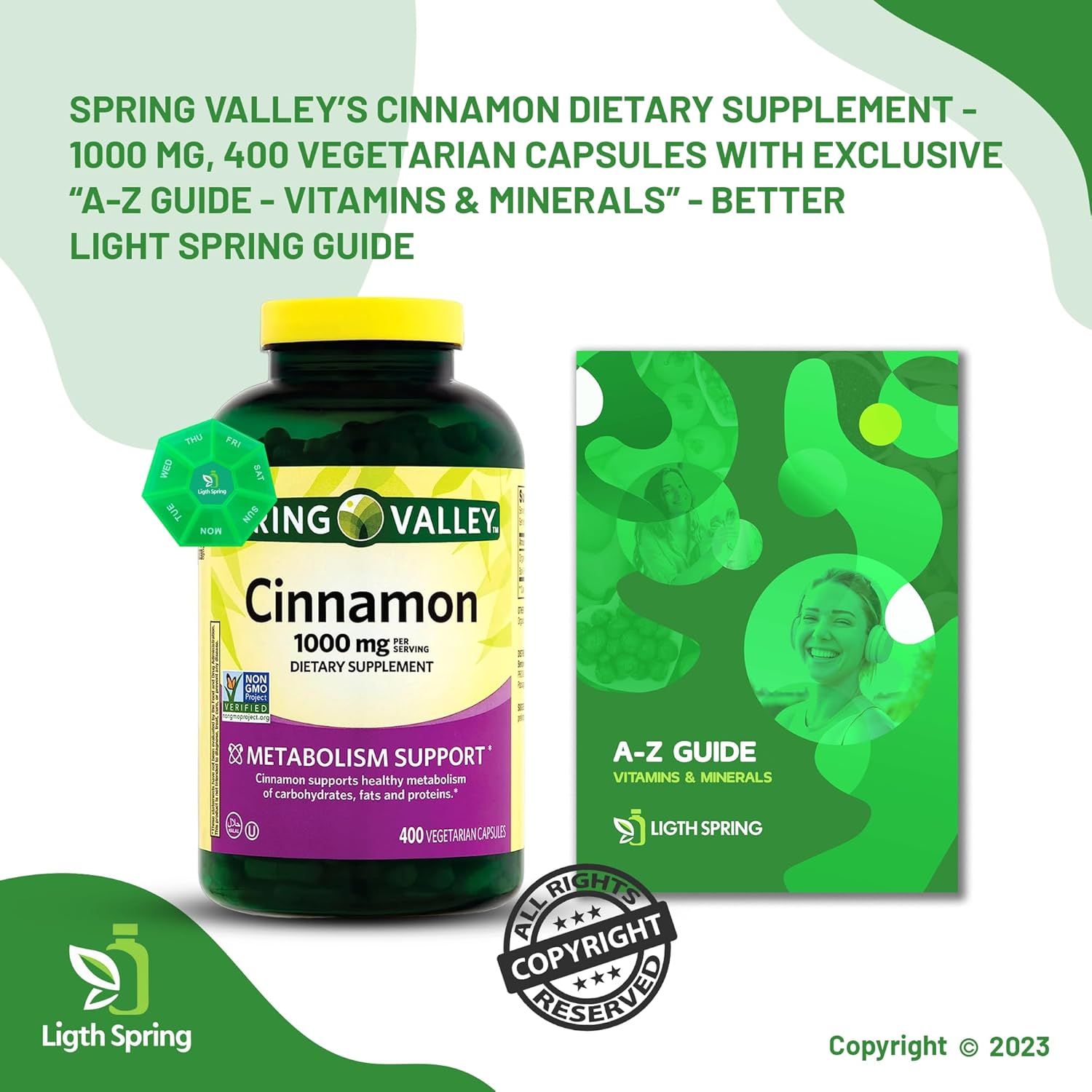 Bundle Deal: 400 Count Cinnamon 1000mg Dietary Supplement Capsules with Exclusive Light&Spring Guide