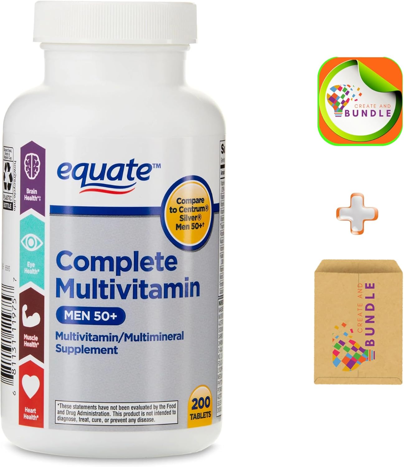Bundle: Equate Men's 50+ Multivitamin Tablets, 200 Count + Sticker
