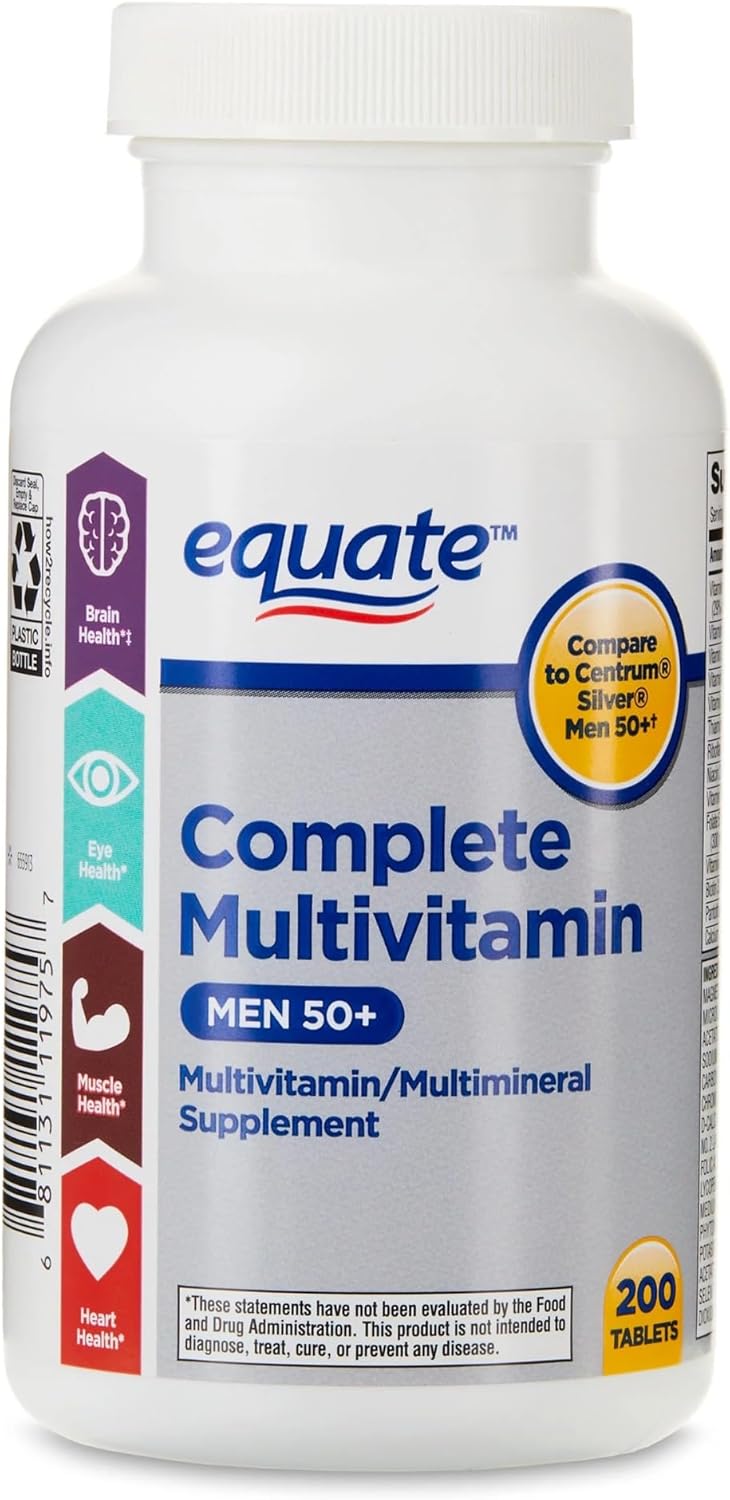 Bundle: Equate Men's 50+ Multivitamin Tablets, 200 Count + Sticker