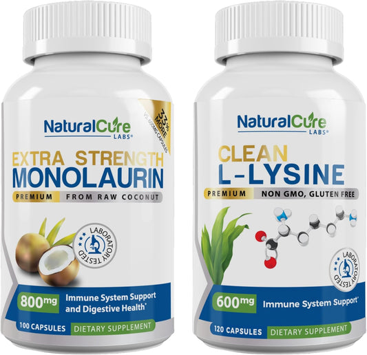 Bundle: Extra Strength Monolaurin 800mg + Clean L-Lysine 600mg by Natural Cure Labs