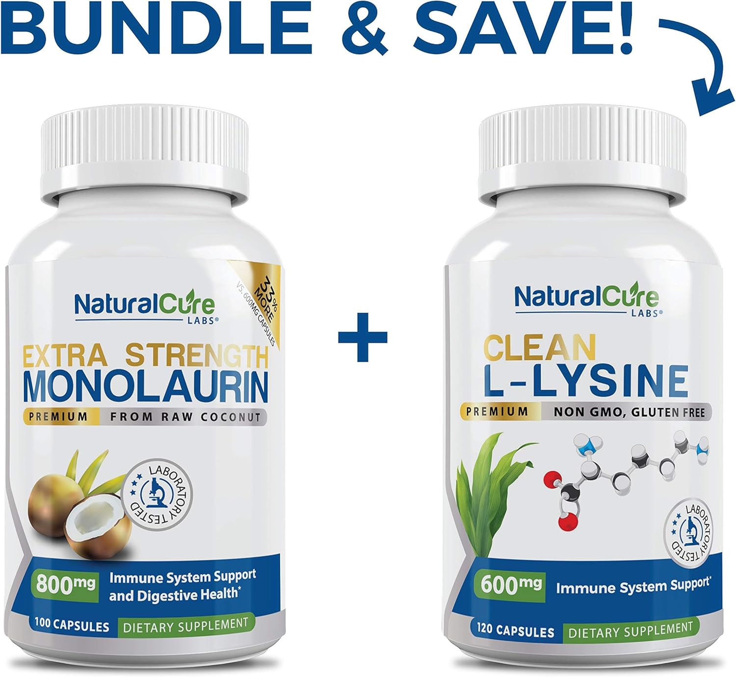 Bundle: Extra Strength Monolaurin 800mg + Clean L-Lysine 600mg by Natural Cure Labs