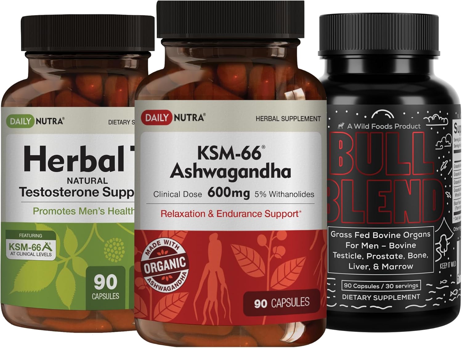 Bundle for Vitality & Energy: DailyNutra KSM 66 Ashwagandha, Bull Blend Complex, and Herbal T Formula (90 Capsules each)