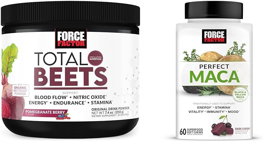 Bundle: Force Factor Total Beets Nitric Oxide Powder & Maca Root Chews for Energy, Mood, Balance - Supplement Pack
