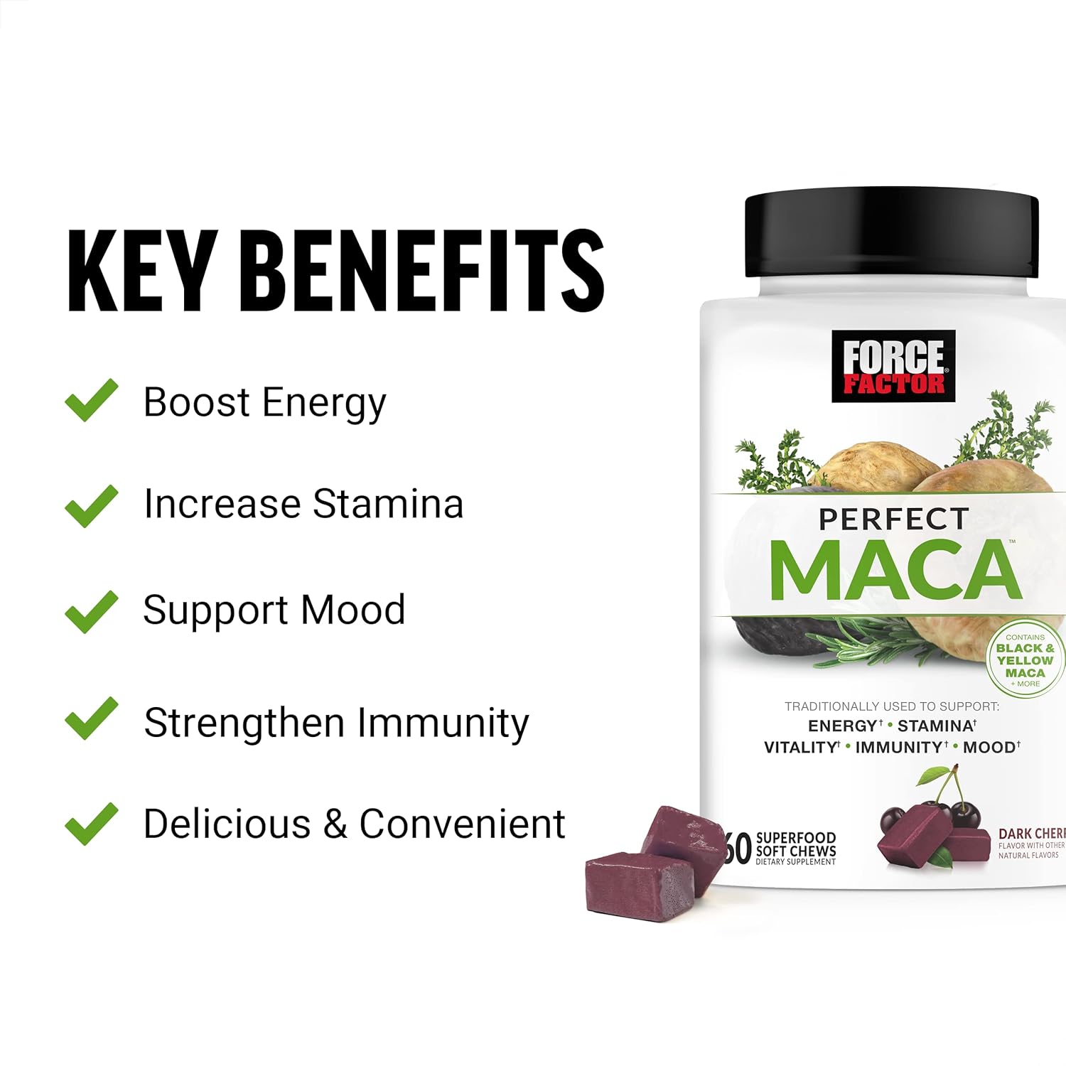 Bundle: Force Factor Total Beets Nitric Oxide Powder & Maca Root Chews for Energy, Mood, Balance - Supplement Pack