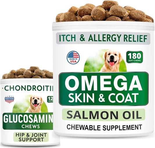 Bundle: Glucosamine Dog Treats + Omega 3 for Dogs - Hip & Joint Pain Relief + Skin & Coat Support