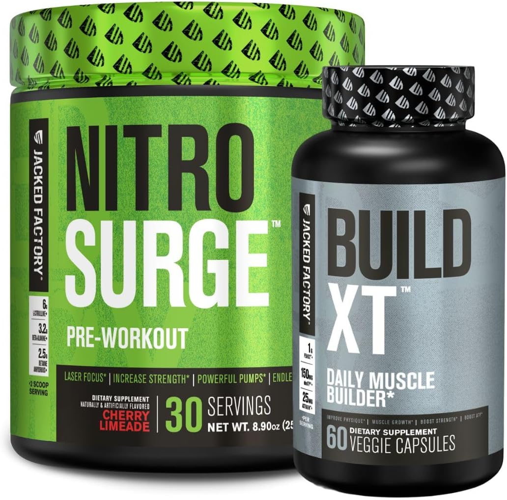 Bundle: Jacked Factory Nitrosurge Pre-Workout Cherry Limeade & Build XT Muscle Builder for Men & Women