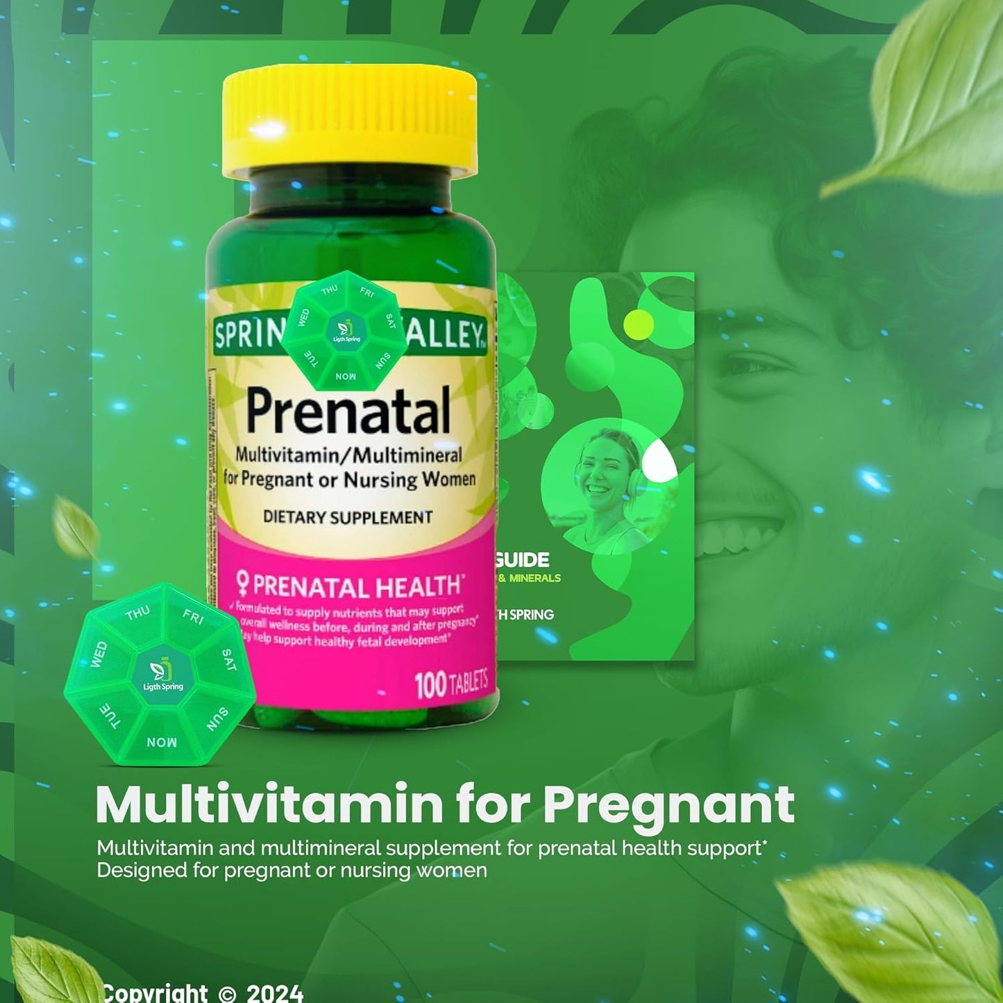 Bundle: LightSpring Prenatal Multivitamin 100 Tablets + A to Z Vitamins & Minerals + Better Light & Spring Guide + Weekly Pill Organizer