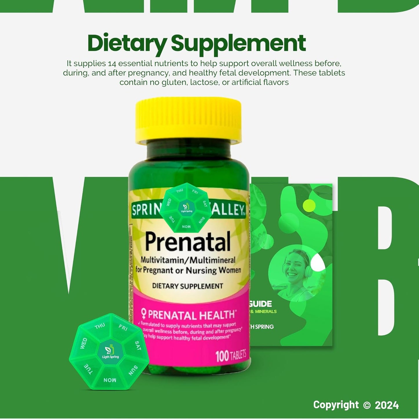 Bundle: LightSpring Prenatal Multivitamin 100 Tablets + A to Z Vitamins & Minerals + Better Light & Spring Guide + Weekly Pill Organizer