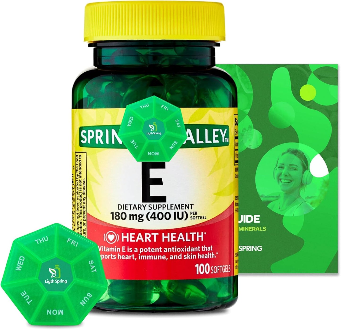 Bundle: LightSpring Vitamin E 180mg Softgels + Exclusive A to Z Vitamins & Minerals + Weekly Pill Organizer