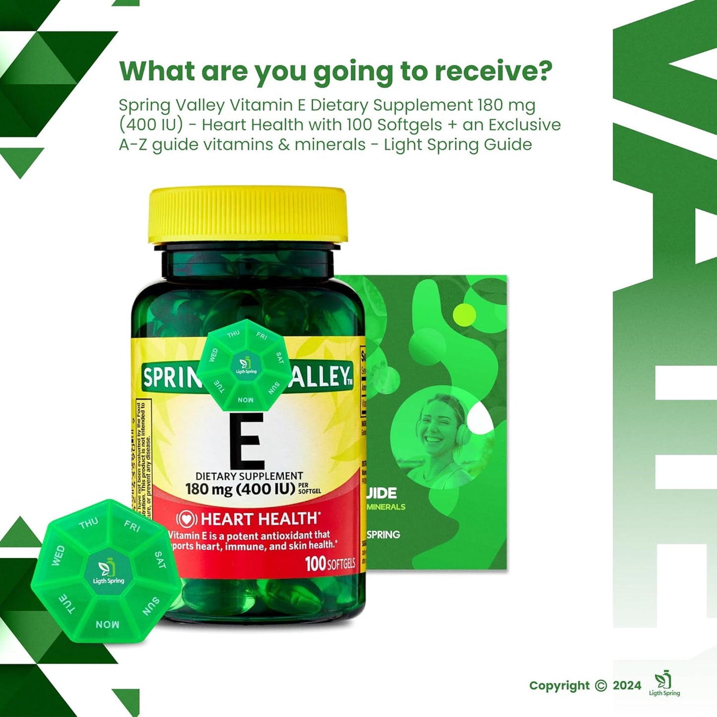 Bundle: LightSpring Vitamin E 180mg Softgels + Exclusive A to Z Vitamins & Minerals + Weekly Pill Organizer