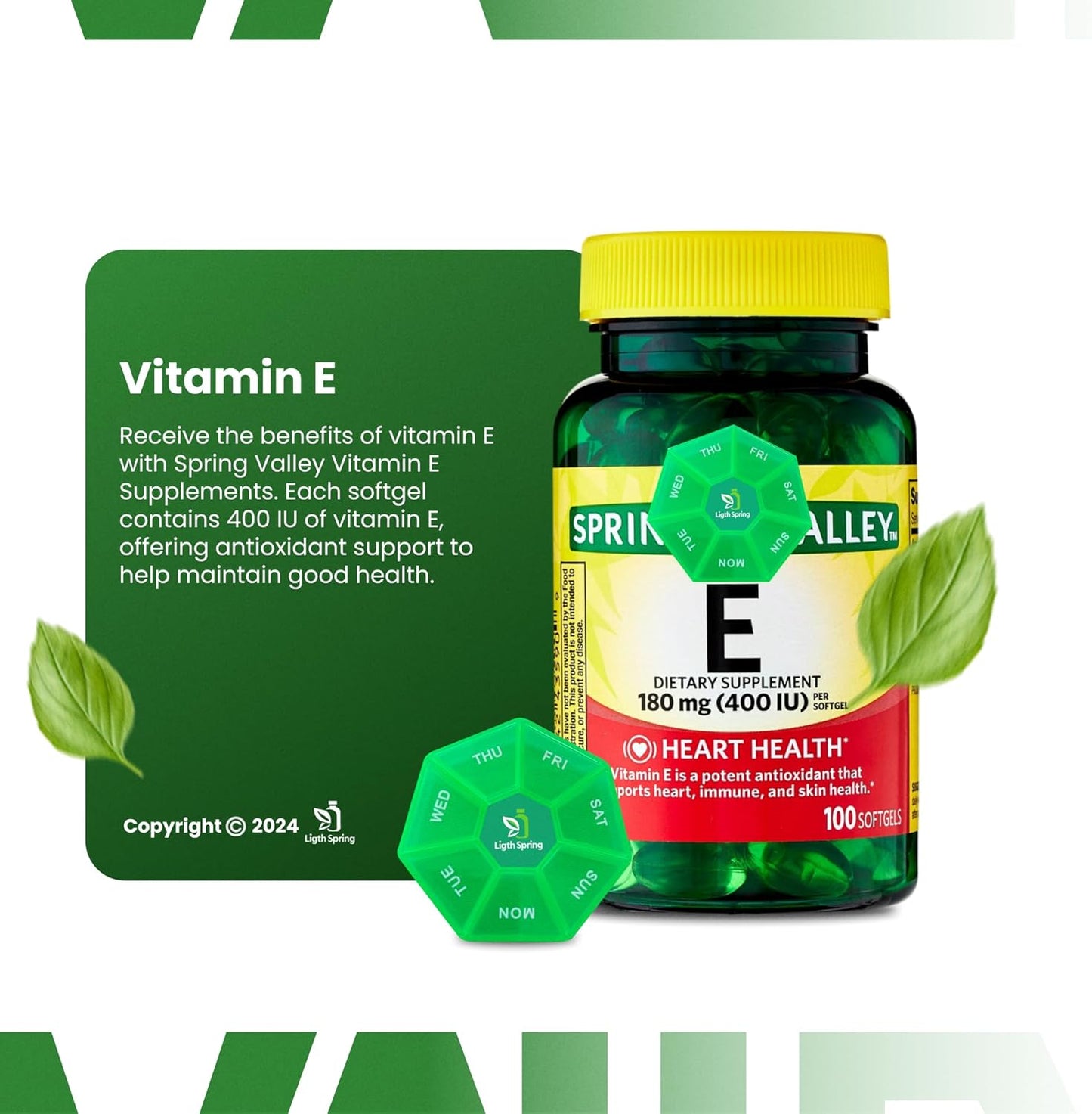 Bundle: LightSpring Vitamin E 180mg Softgels + Exclusive A to Z Vitamins & Minerals + Weekly Pill Organizer